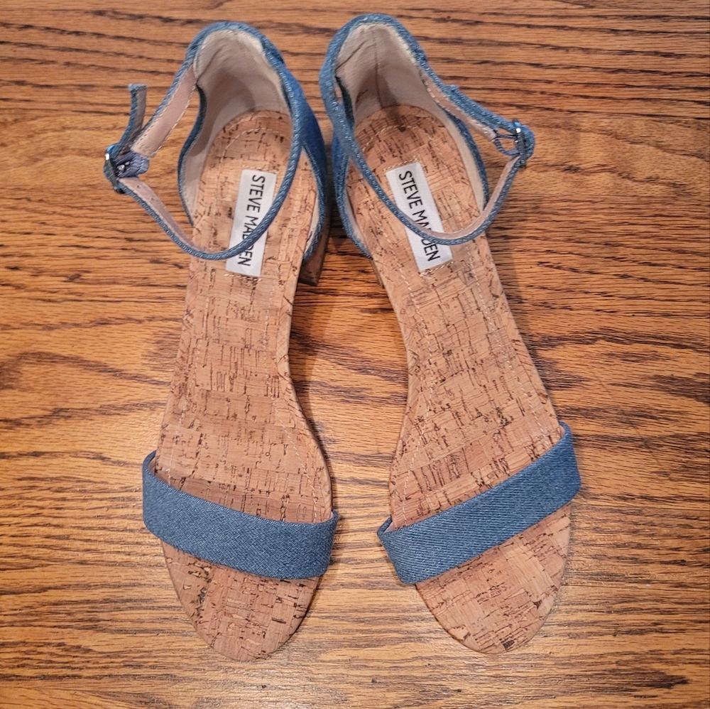 Steve Madden Blue Denim Block Cork Open Toe Shoes Heels Sandals